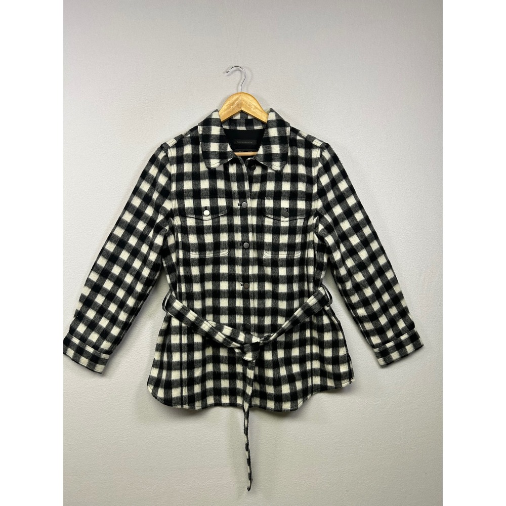 Dark Academia Talbots Petite LP Blk White Buffalo Plaid Wool Blend Belted Jacket